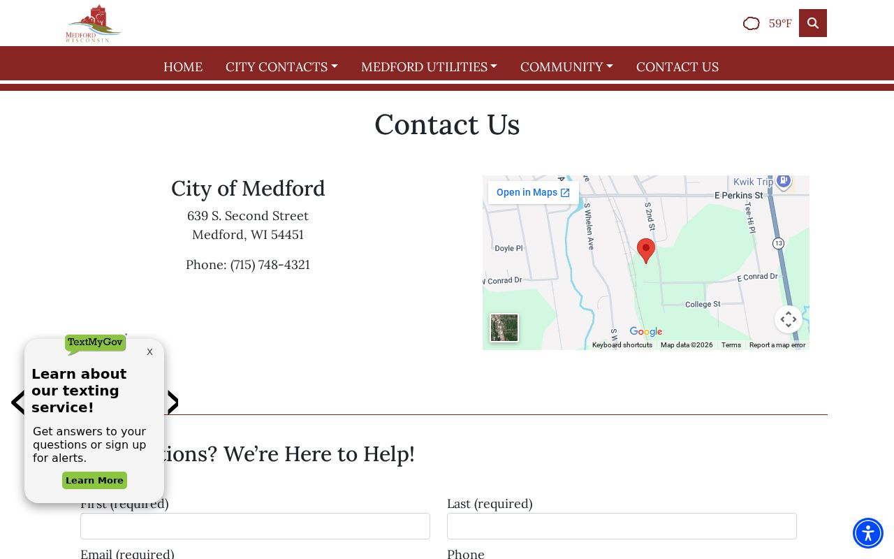 City of Medford contact page showing the city government office