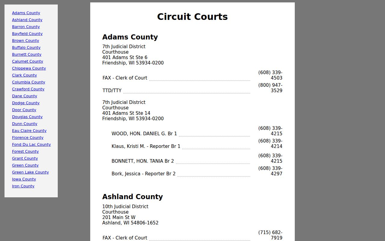 Wisconsin circuit directory entry for Taylor County